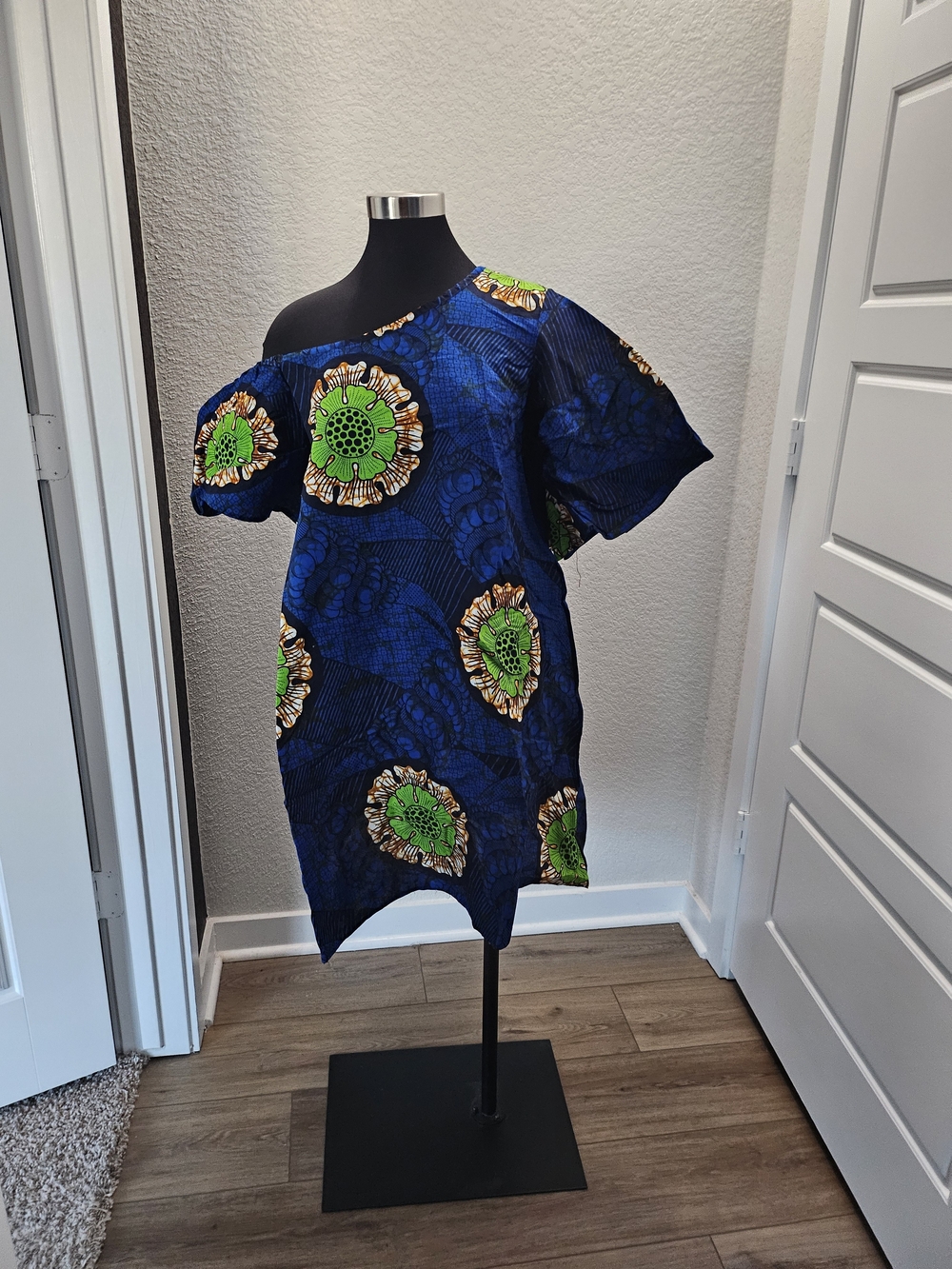 Grass-fields One-Shoulder Blue African Print Dress Sz US6/UK10